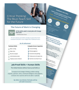 A two-page infographic titled "Critical Thinking: The Must-Teach Skill for the Future." It features statistics on AI's impact on the workforce, a comparison of technical versus uniquely human skills, and a quote from the United Nations defining job-proof human skills.