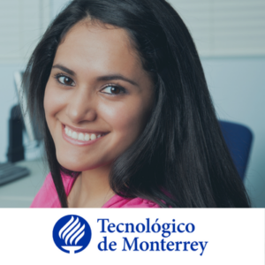 Hispanic woman smiling with Technologico de Monterrey logo